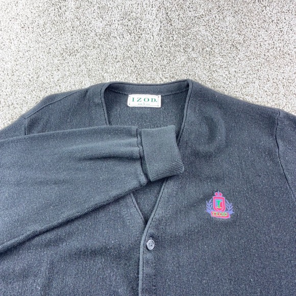 IZOD Mens Black Mens L V-Neck Button Up Cardigan Sweater‎ Acrylic Logo Academia
